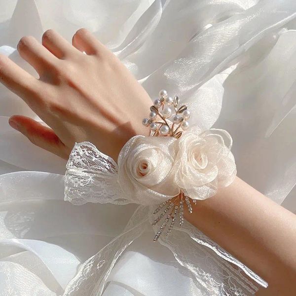 Charm pulseras pulsera flor boda novia dama de honor encaje de lujo cinta blanca mano niñas joyería regalo