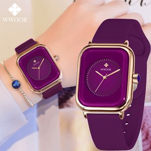 Charme Bracelets WWOOR marque de luxe montres pour femmes mode carré violet dames montre-bracelet à Quartz étanche bande de Silicone Relogio Feminino 230921