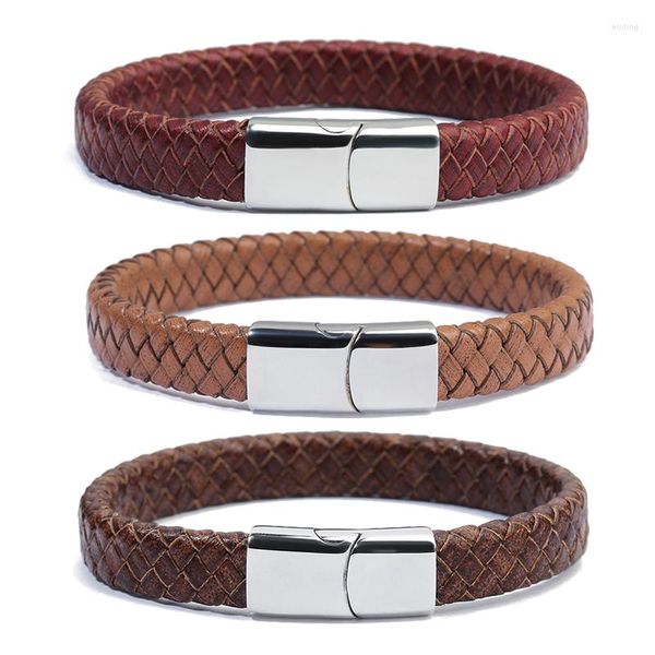 Braceletas Charmet Xinyao Marrón rojo negro genuino genuino envoltura de cuero trenzado hombres mujeres de acero inoxidable pulsera ancho