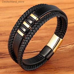 Bracelets de charme XQNI 3 couches noir Style Punk Design Bracelet en cuir pour hommes en acier inoxydable bouton magnétique cadeau d'anniversaire Bracelets masculins Q230925