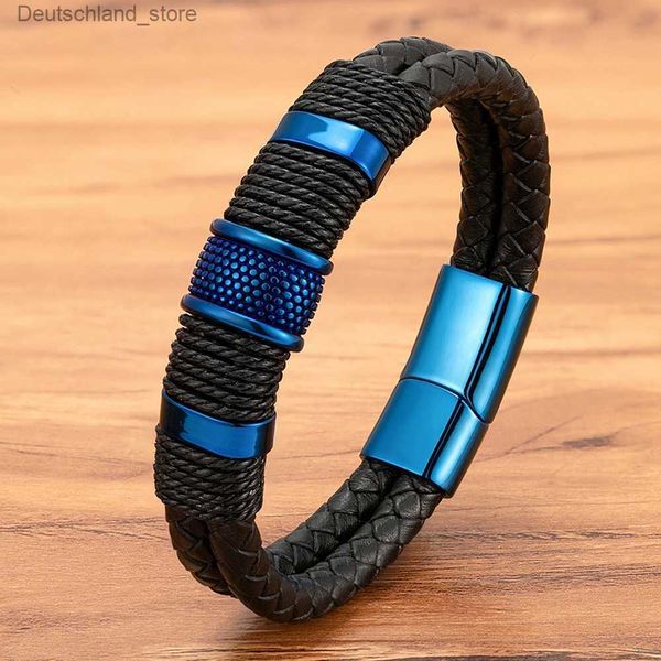 Bracelets de charme XQNI Double couche tressé corde Wrap Bracelets en cuir pour hommes charme bleu noir classique en acier inoxydable bracelet Couple bijoux Q230925