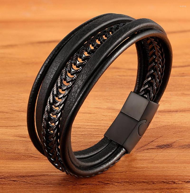 Urok bransolety Xqni luksusowy punkowy łańcuch stali nierdzewnej kombinacja skórzana bransoletka multiplacyjna akcesoria dla mężczyzn prezent na kolekcję
