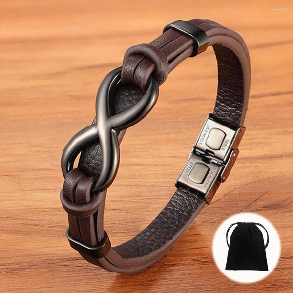 Pulseras con dijes XQNI Patrón de acero inoxidable Pulsera de cuero marrón negro Brazalete para hombres Tamaño de bricolaje Día de San Valentín Regalo hermoso Bolsa de terciopelo