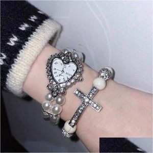 Charmarmbanden y2k 2000s Inalid Rhinestone Pearl Love Cross Watch Elastische armband voor vrouwen trendy esthetische stralende punk Harajuku Dh9sn