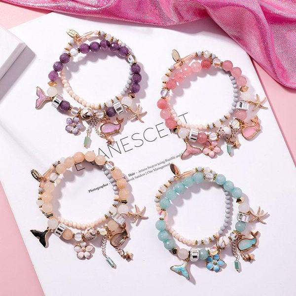 Pulseras con dijes YADA Starfishwhale Fishtail Cuff BraceletsBangles para mujeres Cuentas dobles Joyas de cristal Pulsera de flores BT200345