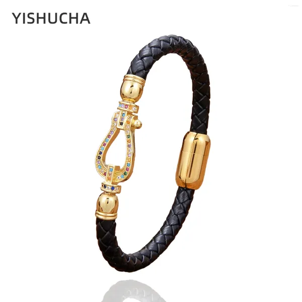 Pulseras de encanto YISHUCHA Placa de oro Forma de herradura Mosaico Zircon Pulsera para hombre Mujer Cuero Trenzado Joyería de moda 2024