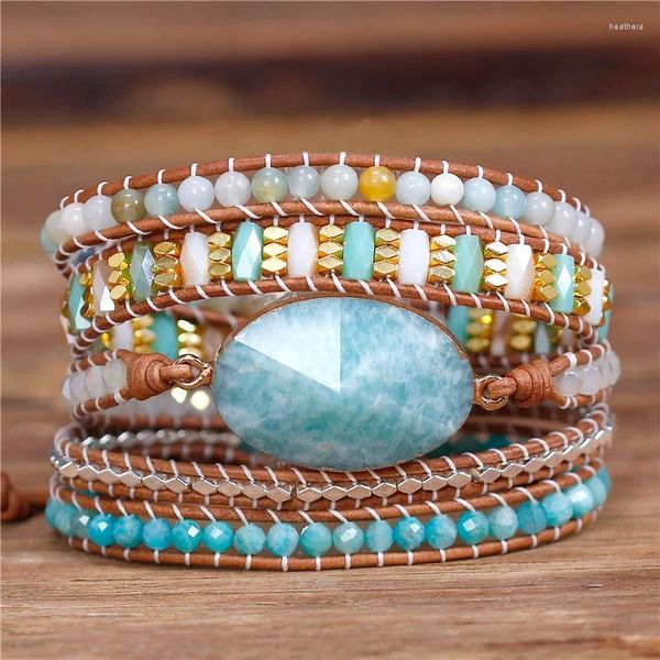 Bracelets de charme YueTong Amazonites Bracelet en cuir perlé Pierres précieuses Perles Cristal Yoga 5 Wraps Bijoux Goutte