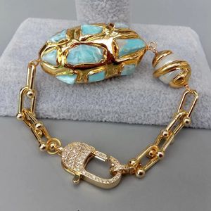 Pulseras de encanto Yygem Natural Blue Larimar Chips Pave Cultured White Keshi Pearl Gold Chain Bracelet 230928