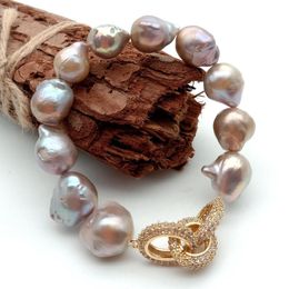 Bracelets à breloques YYGEM Naturel Cultured PurpleNucleated Flameball Baroque Pearl Stretch Bracelet Cz couleur or pavé Connecteur luxe pour femme 230216