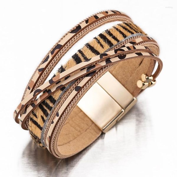 Bracelets porte-bonheur ZG cuir léopard pour femmes et hommes Bracelet fausse fourrure large multicouche Wrap Bracelet unisexe bijoux