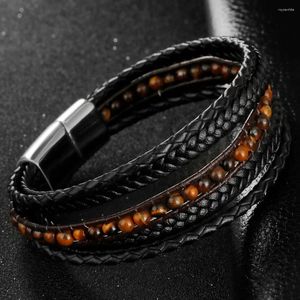 Bracelets de charme ZG Bracelet en acier inoxydable Boucle magnétique Bracelet en cuir pour hommes tissé à la main Accessoires en pierre naturelle Bijoux Noir