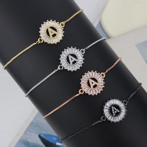 Bracelets porte-bonheur Zircon lettre initiale Bracelet femme acier inoxydable platine or Rose noir rond 26 lettres nom fille bijoux