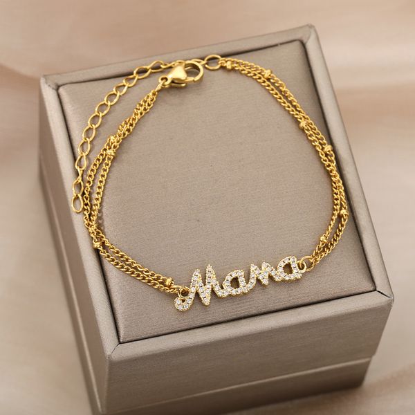 Charm Bracelets Zircon Letter Mama para mujer Acero inoxidable Doble Bead Link Chain Family Love Bracelet Femme Mother Jewelry Gift 230411