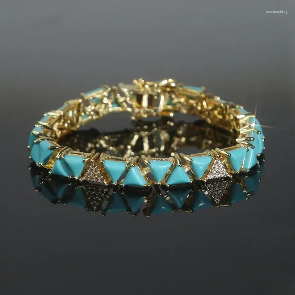 Bracelets de charme Zircons Mode 5mm Triangle Bleu Turquoises Pierre Classique Tennis Chaîne Pour Femmes Fille Bijoux Plaqué Or