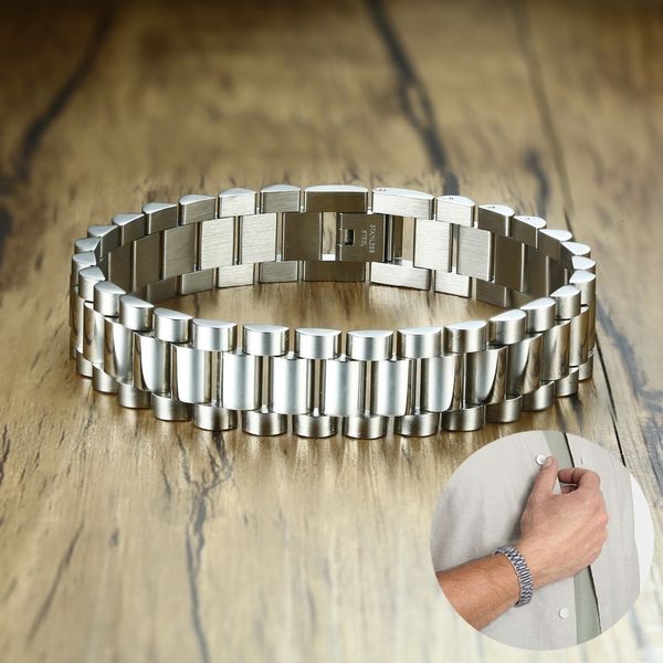 Bracelets porte-bonheur ZORCVENS 15MM large or argent couleur acier inoxydable bracelet de montre Bracelet pour hommes Watchlink Bracelets bijoux 230426