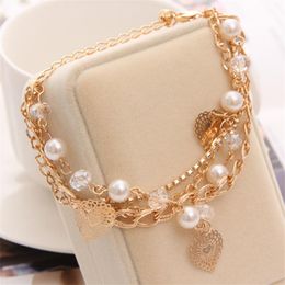 Bracelets de charme ZOSHI Bracelet de perles de perles simulées pour femmes Mulitlayers Gold Color Chain Bangles Love Heart Charms