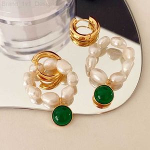 Charme en laiton vintage Green Stone Natural Pearl Oreadings Women Jewelry Party Boho t Show Robeway Rare Korean Japan Trendy L230804