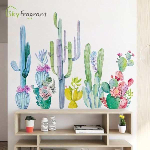Charme cactus autocollant auto-adhésif maison autocollants décoration murale chambre salon décoration petit papier peint frais 210310