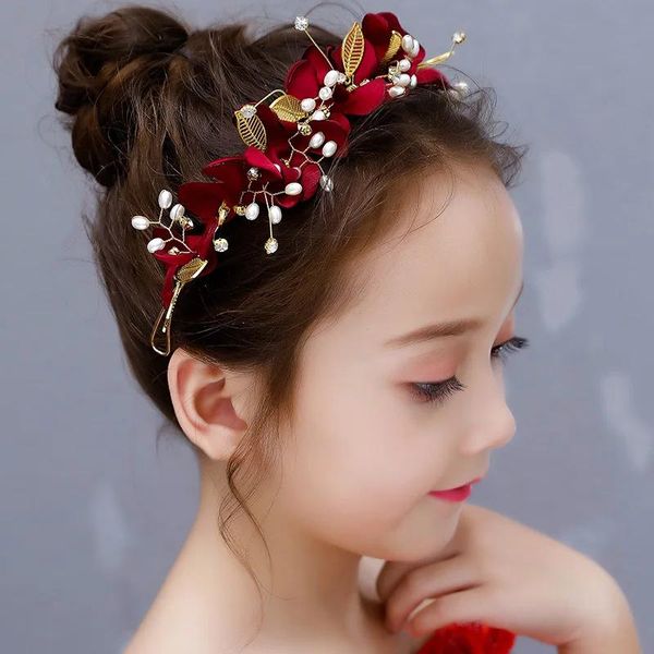 Accesorios chinos para el cabello para niños, diadema Vintage con flores rojas y perlas, diademas nupciales con pendientes, joyería para el cabello Hanfu para boda
