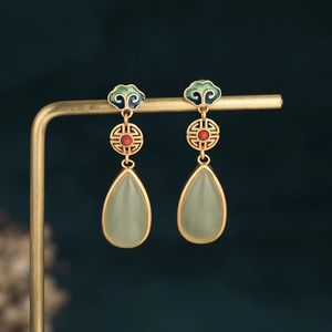 Charme style chinois peint émail boucles d'oreilles pour femmes imitation émeraude Hetian Jade pendentif tempérament oreille bijoux cadeau 231208