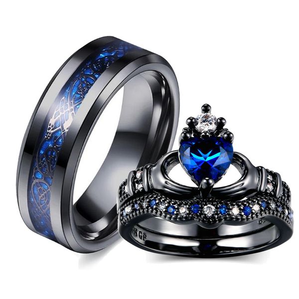 Charme Couple Anneau Hommes En Acier Inoxydable Dragon Celtique Anneaux Bleu Zircon Femmes Bague Ensembles Saint Valentin Bande De Mariage Bijoux