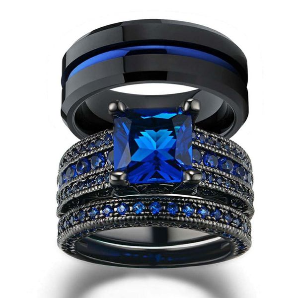 Charm Pareja Anillos Románticos Diamantes de imitación azules Conjunto de anillos de mujer Anillo de acero inoxidable de moda para hombres Joyería de moda para regalos de enamorados