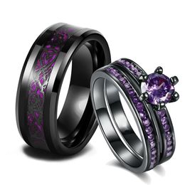 Anillos de pareja con dijes, conjunto de anillos románticos con diamantes de imitación morados para mujer, anillo de dragón celta de acero inoxidable a la moda para hombre, joyería de moda