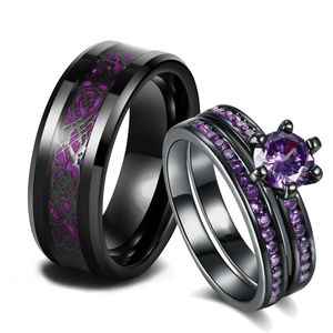 Charme paar ringen romantische paarse strass pees vrouwen ringen set trendy heren roestvrijstalen keltische draakring mode sieraden