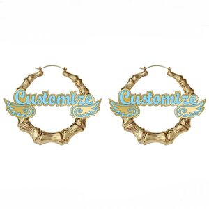 Boucles d'oreilles à breloques avec nom personnalisé, boucles d'oreilles hip hop en bambou, nom de personnalité, ailes d'angle, bijoux de fête, cadeau, livraison directe C10