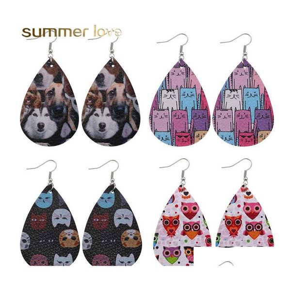 Charm lindo estampado animal puro cuero colgar para mujeres de doble lado gato b￺ho patr￳n de agua pendientes falsos joyas de fiesta dr otfyx