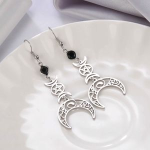 Charm Dawapara Crescent Goddess Black Birthstone de acero inoxidable Pendientes Triple Moon Wicca Pentagrama Gótico Pendientes G230225