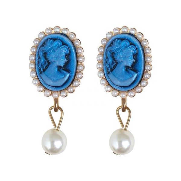 Charm designer boucles d'oreilles bijoux de luxe filles femmes S925 Argent Aiguille Vintage Bleu Portrait Perle Baroque Palais Style Boucle D'oreille Femme