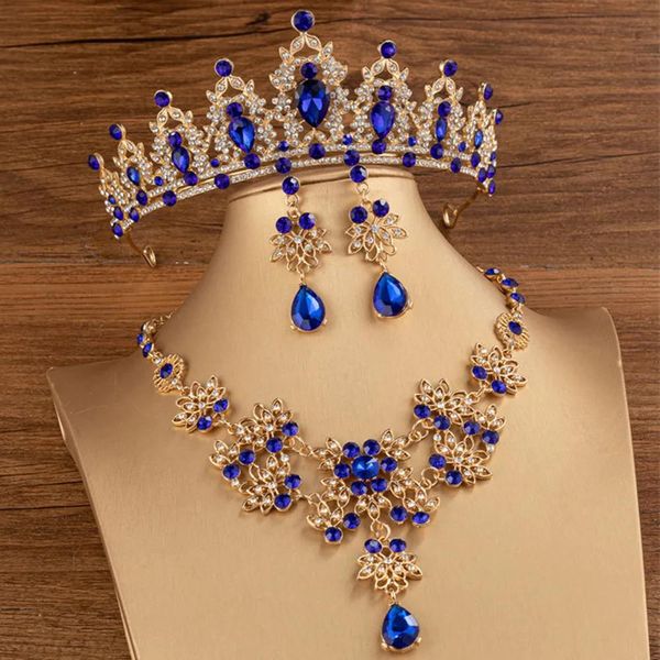 Charm Diezi Tiaras de corona nupcial barrocas para mujeres Boda Princesa Reina Rojo Verde Azul Tiaras de cristal Collar Pendientes Conjuntos de joyas