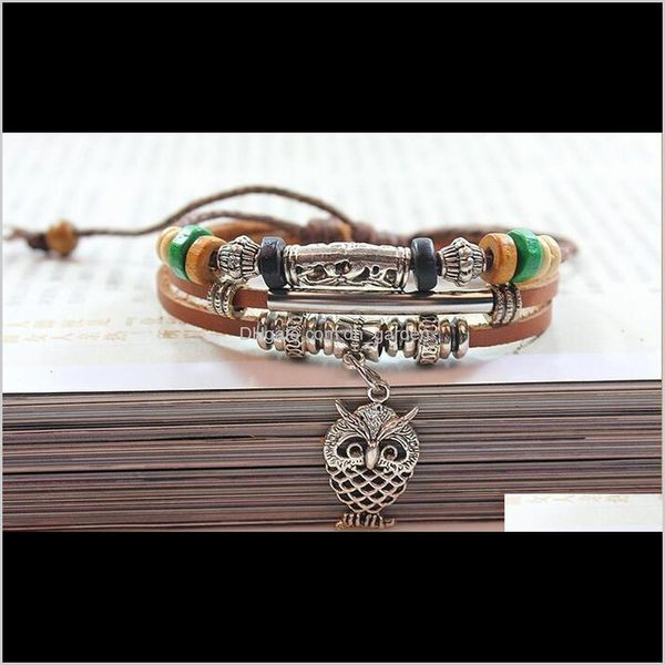 Charm Drop Delivery 2021 Mode Bijoux Vintage Alliage Hibou Multicouche En Cuir Wrap Bracelets Hommes Casual Perlé Charmes Bracelet Punk Party Dm1