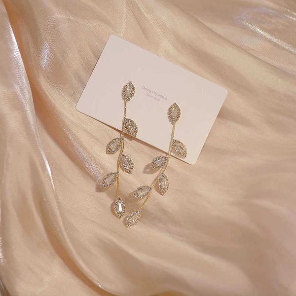 Boucles d'oreilles breloques pour femmes, longues franges, feuilles d'arbre, bijoux coréens, en acier inoxydable, strass, vente en gros, G230307