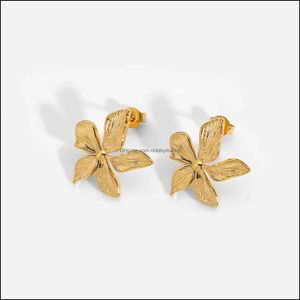 Boucles d'oreilles de charme Bijoux 316L Fleur en acier inoxydable Stud Simple Gold Metal 18K Pétale en relief Post Girls Party Cadeau 2021 Drop Livraison E3TFL