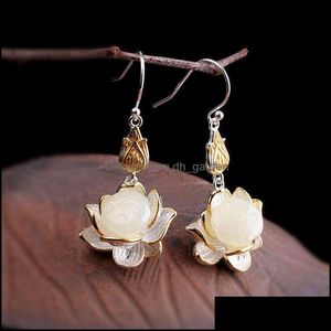 Charm oorbellen sieraden 925 Sterling Sier Natural Stone White Jade Lotus Flower Drop Vintage Ethnic Earring for Women Levering 2021 Nayhn