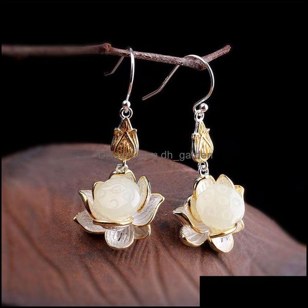 Boucles d'oreilles de charme Bijoux 925 Sterling Sier Pierre Naturelle Blanc Jade Fleur De Lotus Goutte Vintage Boucle D'oreille Ethnique Pour Femmes Livraison 2021 Nayhn