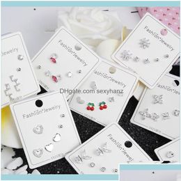 Charm oorbellen sieraden31 stijlen 3 paren/set 925 postzegel sier kubieke zirkonia hart bowknot stud oorrang set voor vrouwen meisjes sieraden dro dhusa