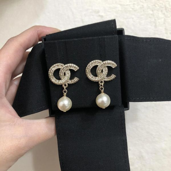 Boucles d'oreilles à breloques de luxe pour femme, bijoux de styliste avec lettre C, perles, or 18 carats, diamant, cadeaux de mariage, saint-valentin