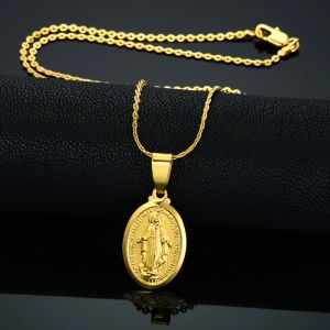 Charme Style européen couleur dorée vierge marie 14 carats pendentif en or jaune colliers pour femmes/hommes grosse chaîne bijoux accessoires, collier ethnique