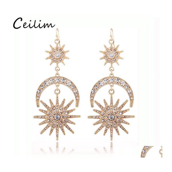 Charm Fashion Big Luxury Sun Moon Stars Drop Pendientes Drinestone Punk para mujeres Joyas Golden Boho Vintage Declaraci￳n Entrega OT4A0