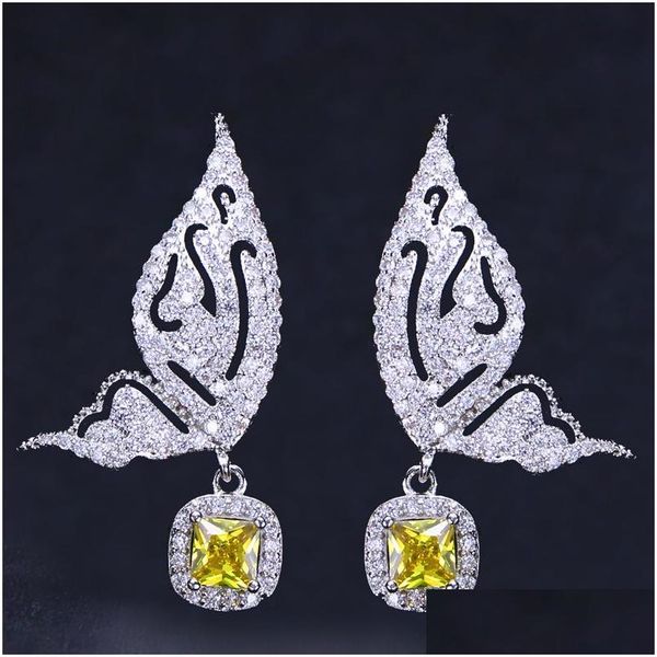 Charme Fashion Butfly Boucles d'oreilles Bijoux Designer Bride Wedding 925 Sterling Post Yellow Bleu AAA CUBIC Zirconia Copper Earge Dhluy