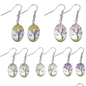 Encanto Moda Flor seca Cuelga Pendiente Flores secas Pendientes Cristal Bola ovalada Árbol de la vida Gota Pendiente Joyería creativa Regalo Entregar Dhtog