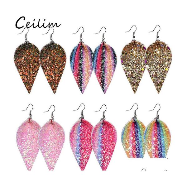 Charme Mode Paillettes Paillette Glitter Feuille Boucles D'oreilles En Cuir Pu Pour Les Femmes Bling Brinco Oreille Ovale Colorf Designer Bijoux De Noël D Otv5C