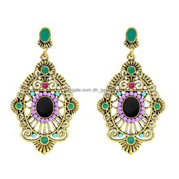 Charme Mode Vintage Turc Géométrique Colorf Gems Ancien Or Sier Délicat Diamant Dames Boucles D'oreilles Bohème Bijoux Drop Dhgarden Dhegh