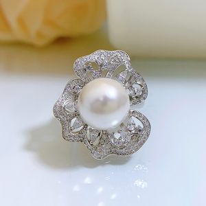 Charme Bloem Parel Diamanten Ring 100% Echt 925 Sterling Zilver Party Wedding Band Ringen voor Vrouwen Bruids Verlovingssieraden