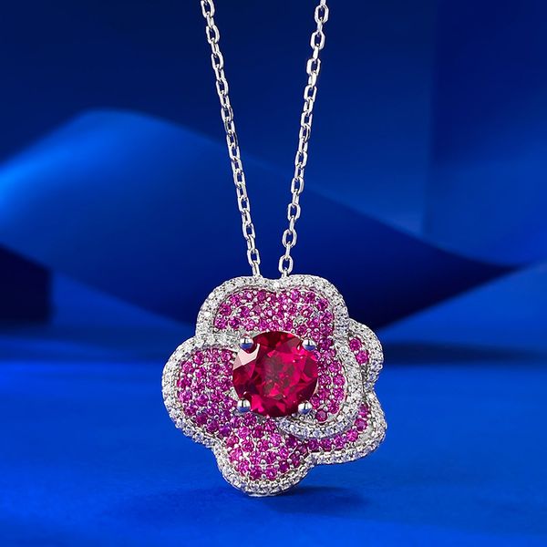 Charm Fleur Ruby Diamond Pendant 100% réel 925 Collier de pendentifs de mariage en argent sterling pour femmes bijoux de coussin de mariée