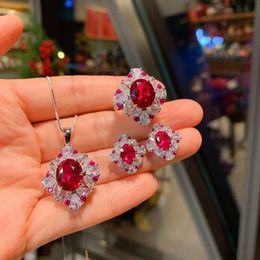 Charm Flower Ruby Diamond Set Sterling Sier Engagement Wedding Rings oorbellen ketting voor vrouwen beloven J F3