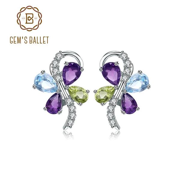 Charm Gem's Ballet – boucles d'oreilles à Clip pour femmes, topaze bleu ciel, améthyste, péridot, mélange de pierres précieuses en argent Sterling, mode romantique